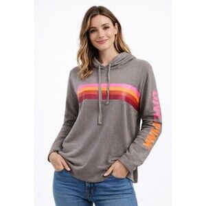 PINK Victoria’s Secret Womens Hoodie Rainbow Stripe Gray Pullover Size L Casual